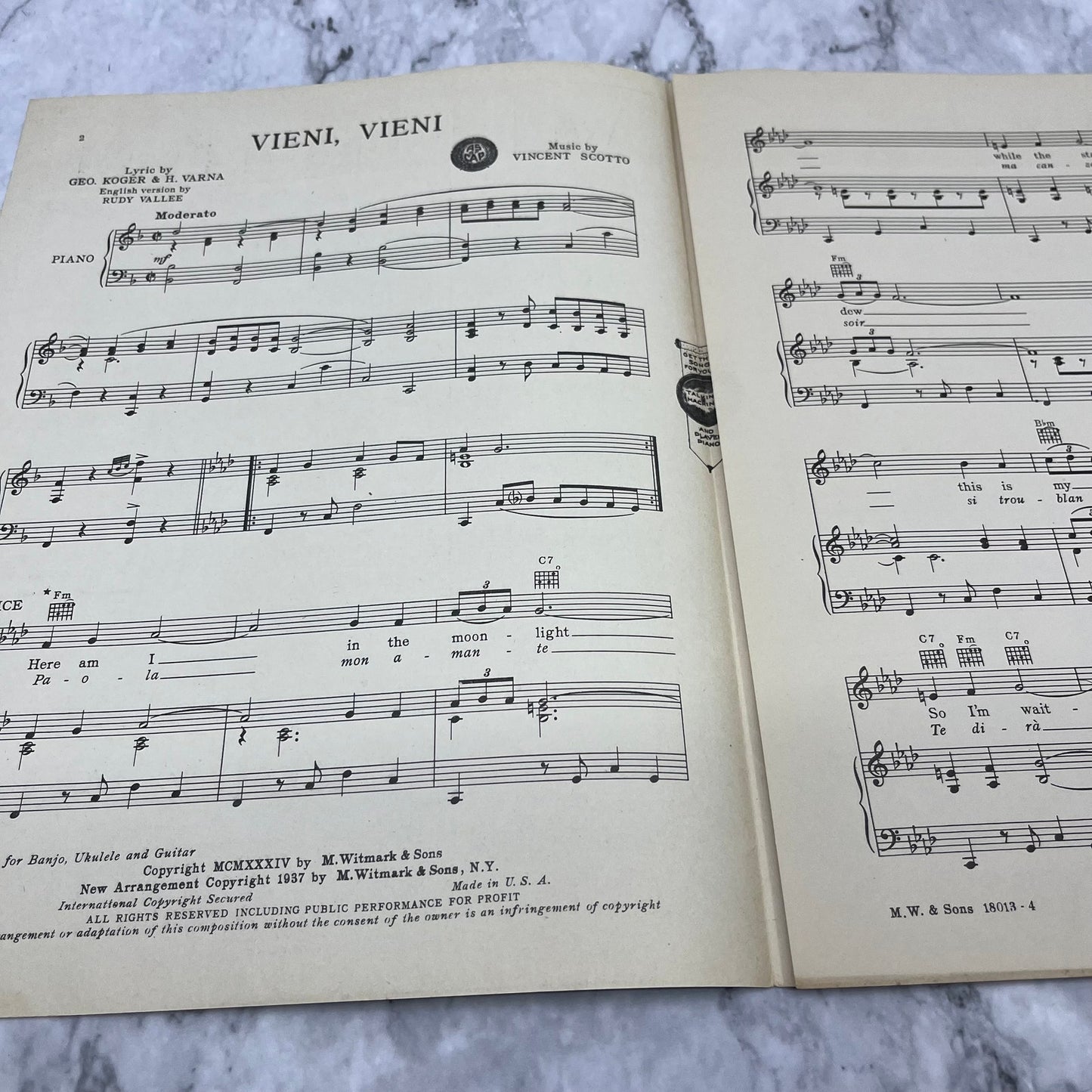 1937 Vintage Vieni Vieni Sheet Music Rudy Vallee Vincent Scotto V41-3