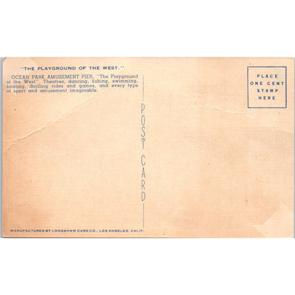 Ocean Park Amusement Pier Ocean Park CA Original Postcard P2-10