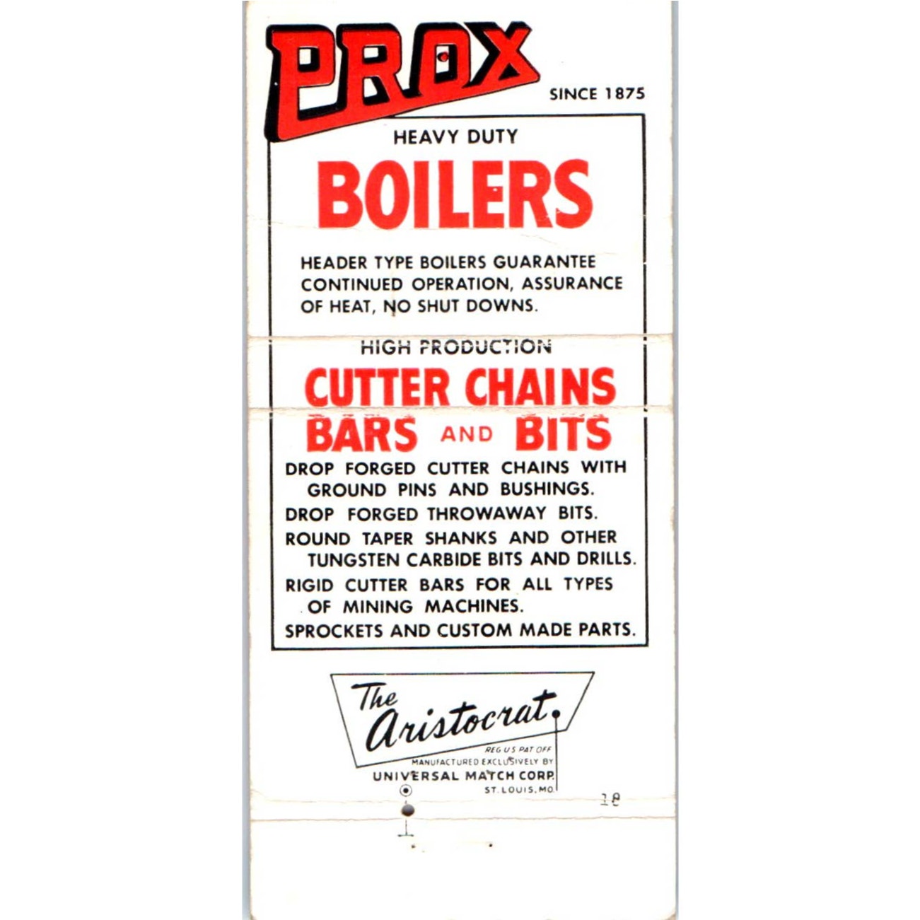Frank Prox Company Boilers Terre Haute IN Advertising Matchbook Cover MM9-7