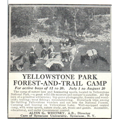 c1920 Harper's Ad Yellowstone Park Forest-and-Trail Camp Alvin G. Whitney EA3-2