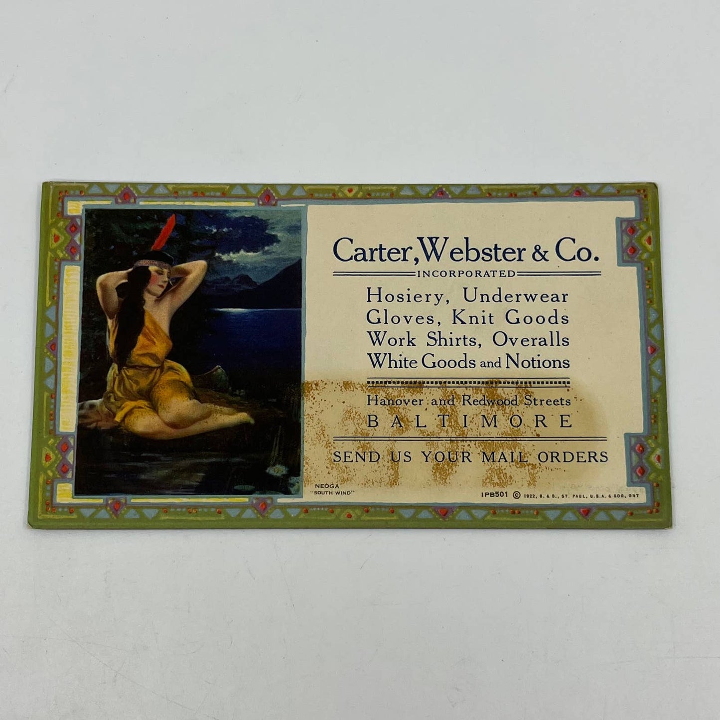 1922 Blotter Card Carter, Webster & Co Baltimore MD Negoa Native Indian Girl SC5