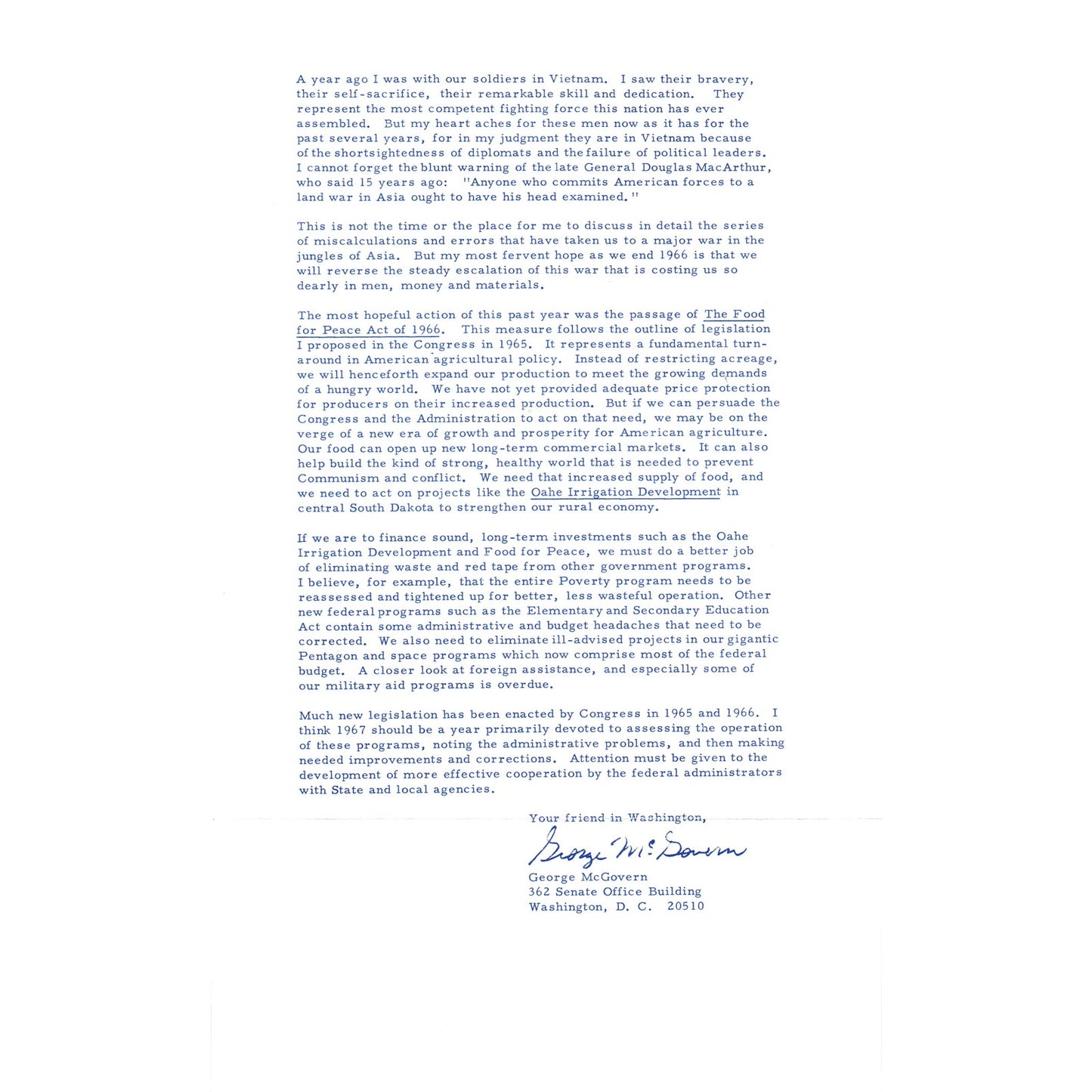 Senator George McGovern Reports Newsletter Dec 1966 Christmas B16