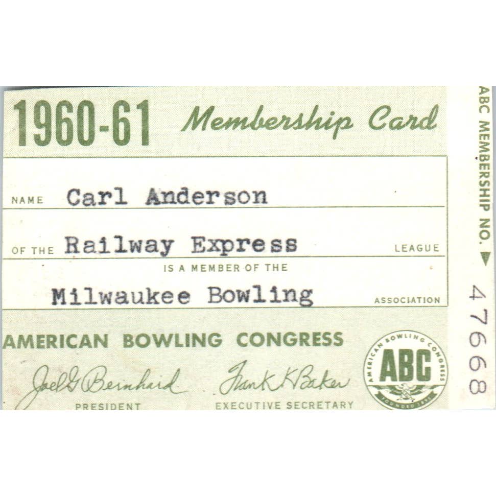1960 American Bowling Congress Milwaukee Membership Card Railway Express SE5-54