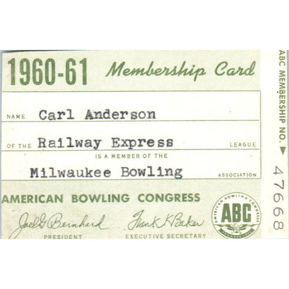 1960 American Bowling Congress Milwaukee Membership Card Railway Express SE5-54