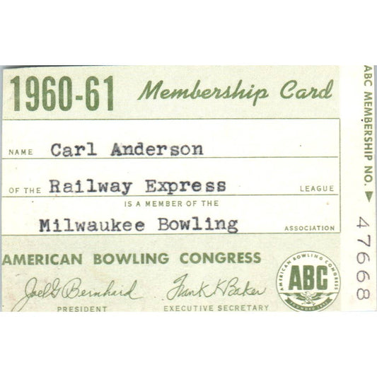1960 American Bowling Congress Milwaukee Membership Card Railway Express SE5-54