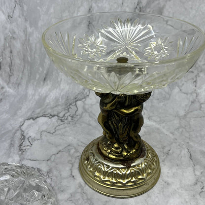 Vintage Brass Cherub Crystal Pedestal Compote w/ Lid Hollywood Regency 12x7 TB4