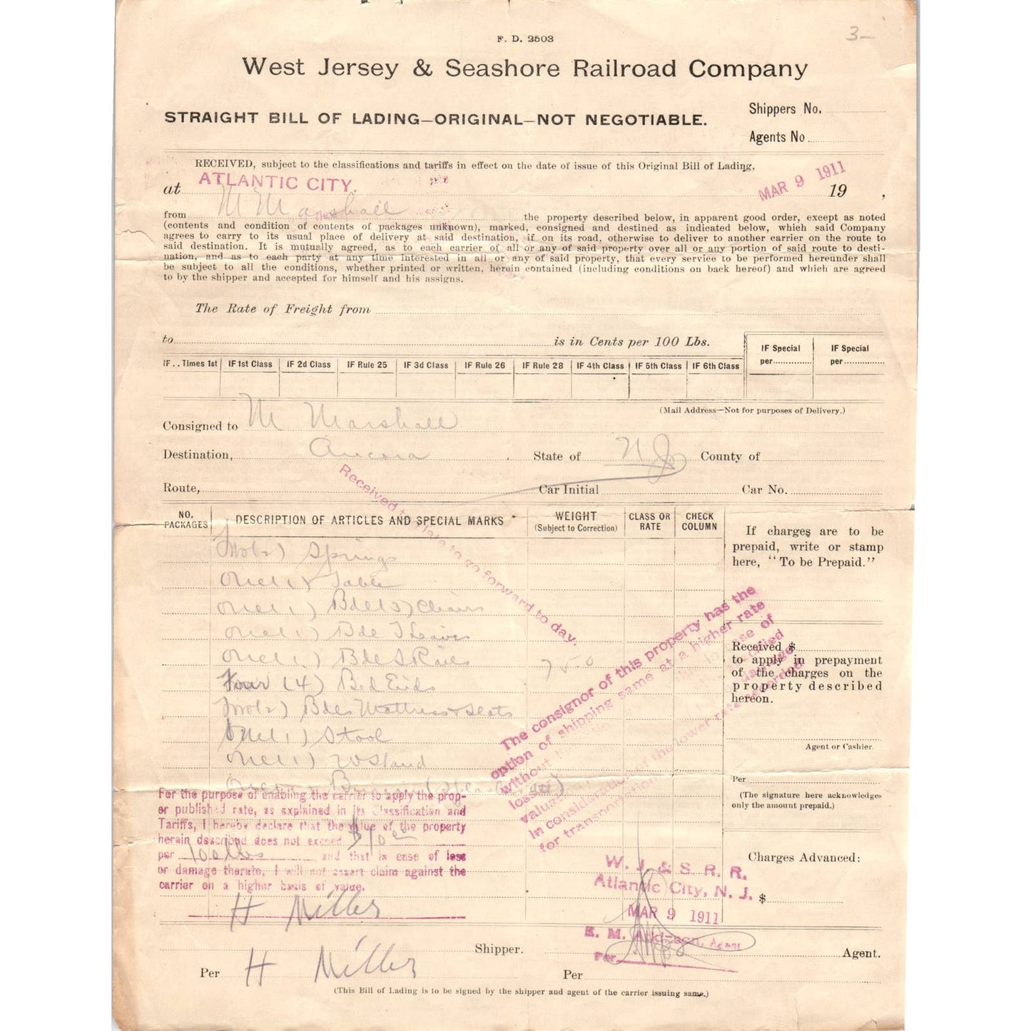 1914 West Jersey & Seashore R.R. Co. Straight Bill of Lading AD8