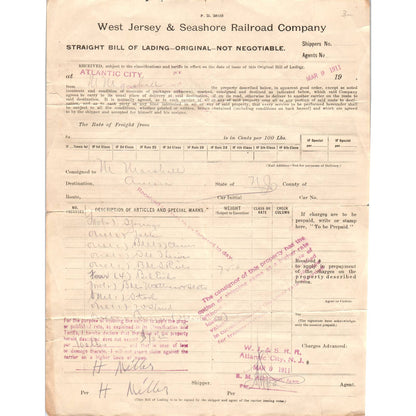1914 West Jersey & Seashore R.R. Co. Straight Bill of Lading AD8