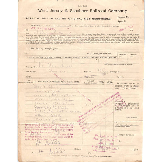 1914 West Jersey & Seashore R.R. Co. Straight Bill of Lading AD8
