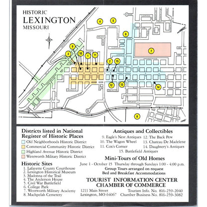 Vintage Historic Lexington Missouri Travel Fold Out Map & Brochure AD7