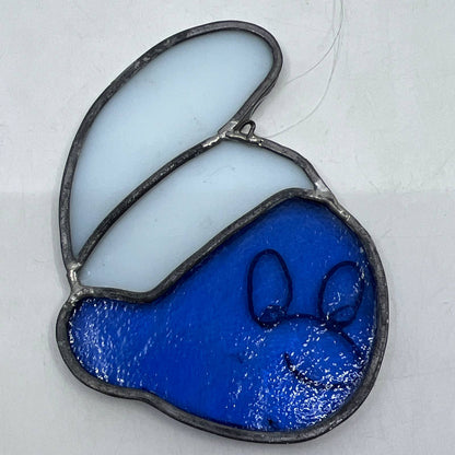 Vintage Handmade SMURF Smurfs Stained Glass Sun Catcher 4.5 x 3" TI4