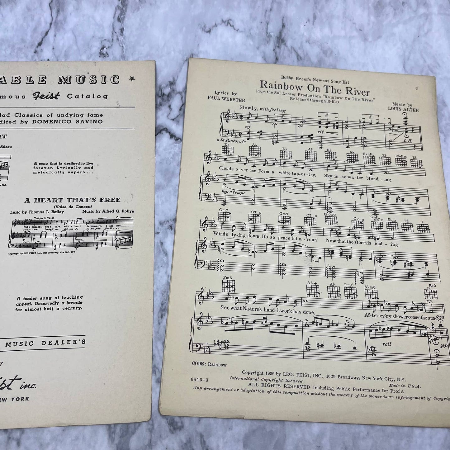 Rainbow on the River BOBBY BREEN Sheet Music Leo Heist 1936 Sol Lesser RKO TH5