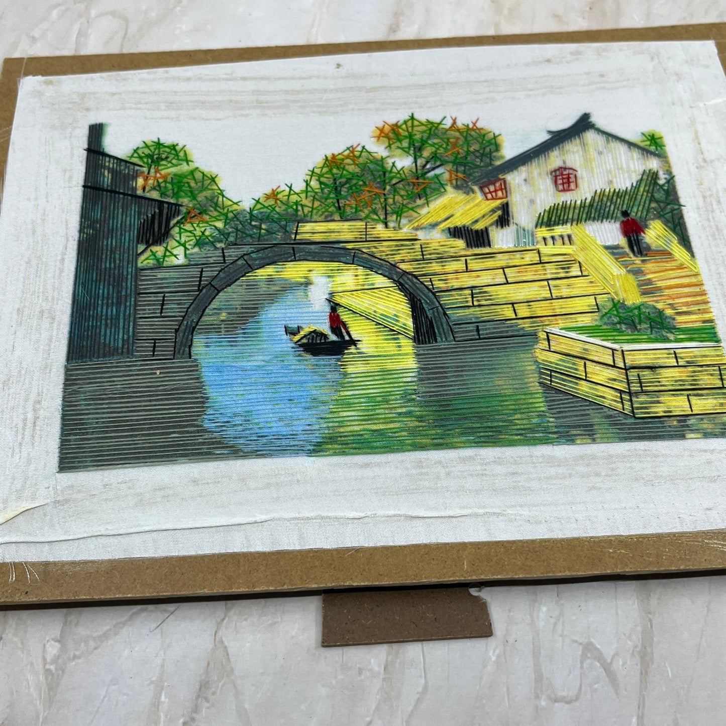 Vintage Unsigned Chinese String Wall Art Town Stone Bridge Water Canoe 7x9.5 TC9