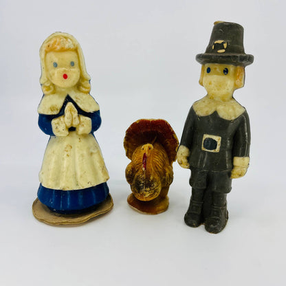 1960s GURLEY Thanksgiving Candle Set Pilgrims and Turkey TD9