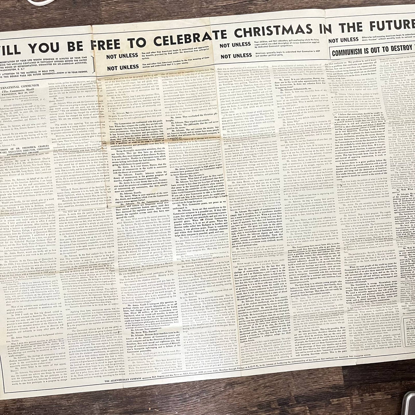 1957 Large Fold Out Anti Communism Crusade Reprint of Dr. Schwartz Testimony AB3