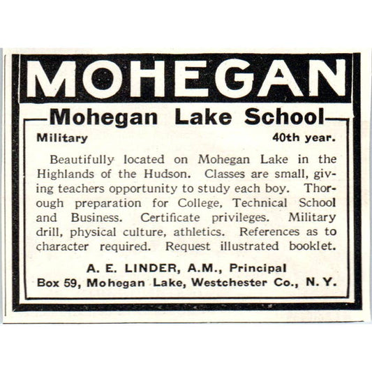 c1920 Harper's Magazine Ad - Mohegan Lake School A.E. Linder Westchester NY EA3