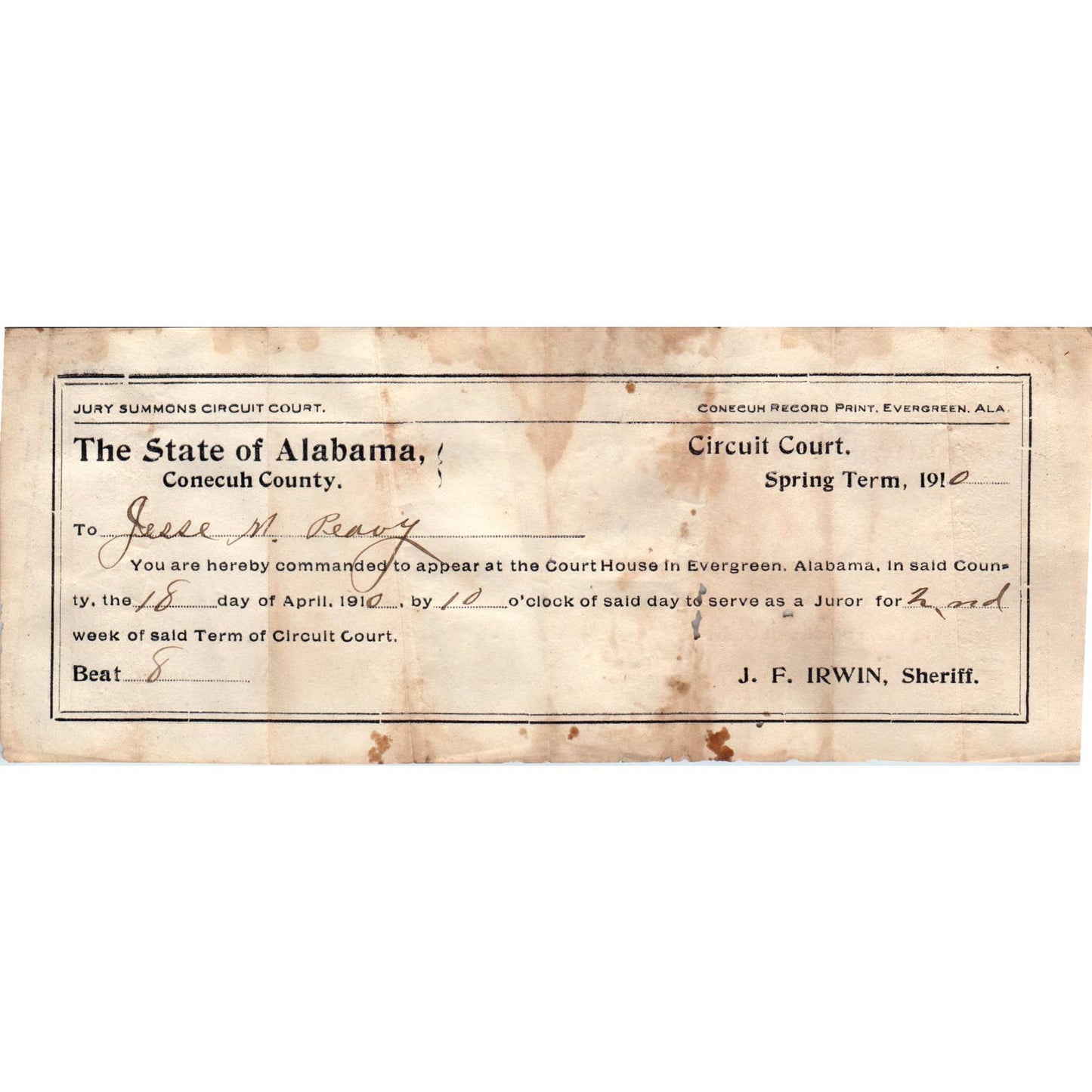 1910 Jury Duty Summons Alabama Conecuh County Jesse M. Peavy AD6