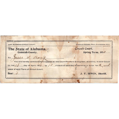 1910 Jury Duty Summons Alabama Conecuh County Jesse M. Peavy AD6