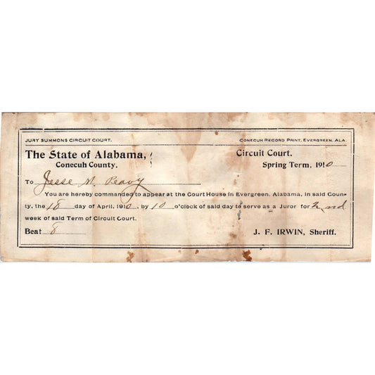 1910 Jury Duty Summons Alabama Conecuh County Jesse M. Peavy AD6