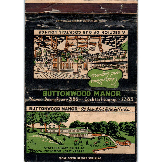 Buttonwood Manor Lake Lefferts Matawan NJ Advertising Matchbook Cover SA6-M5
