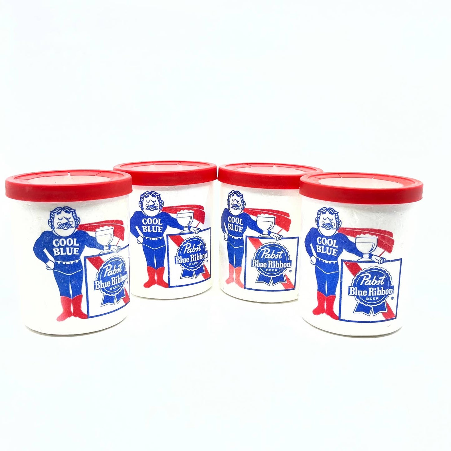 Vintage Pabst Blue Ribbon PBR Cool Blue Man Styrofoam Can Koozie Set of 4 TF6