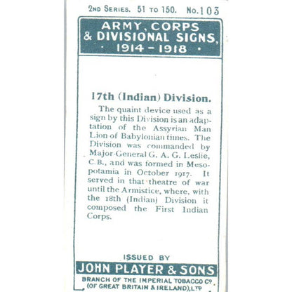 1925 Player's Cigarette Card Army Corps #103 17th Indian Division SE5
