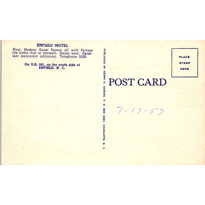 Enfield Motel Enfield NC 1957 - Original Postcard TJ7-RP2