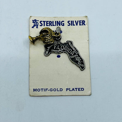 VTG Sterling Silver Florida Map Motif Gold Plated Palm Tree Charm on Card SB7