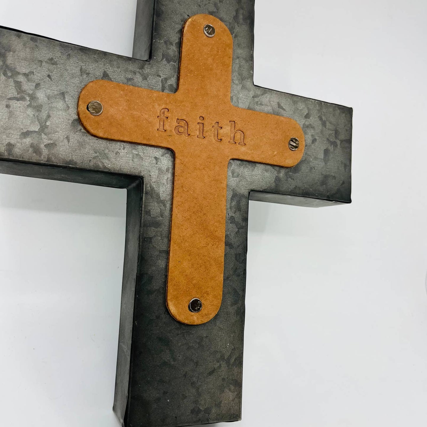 FAITH WALL CROSS GENUINE LEATHER & GALVANIZED METAL 12 x 10” TD4