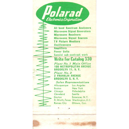 Polarad Electronics Corporation Advertising Matchbook Cover SA1-M6