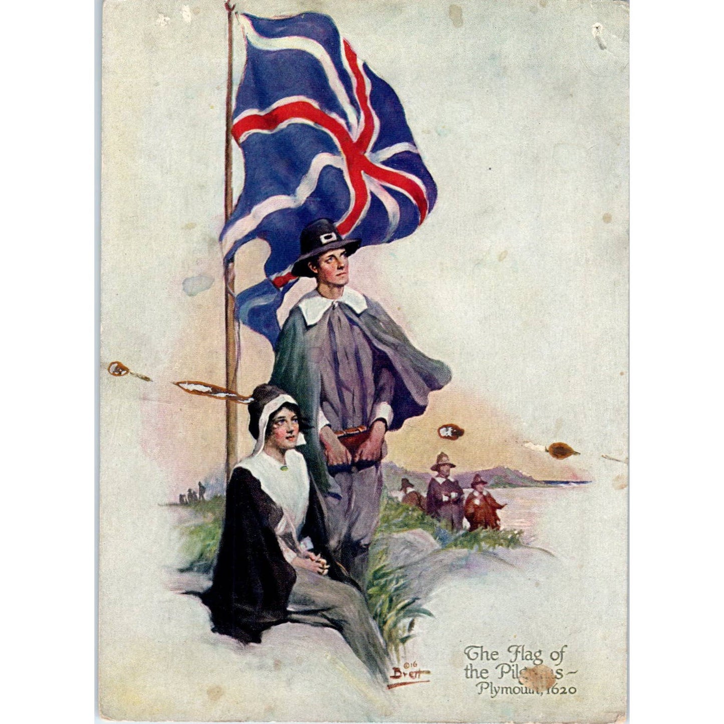 The Flag of Pilgrims Plymouth 1916 Brett Lithograph 3.75x5" TK1-21