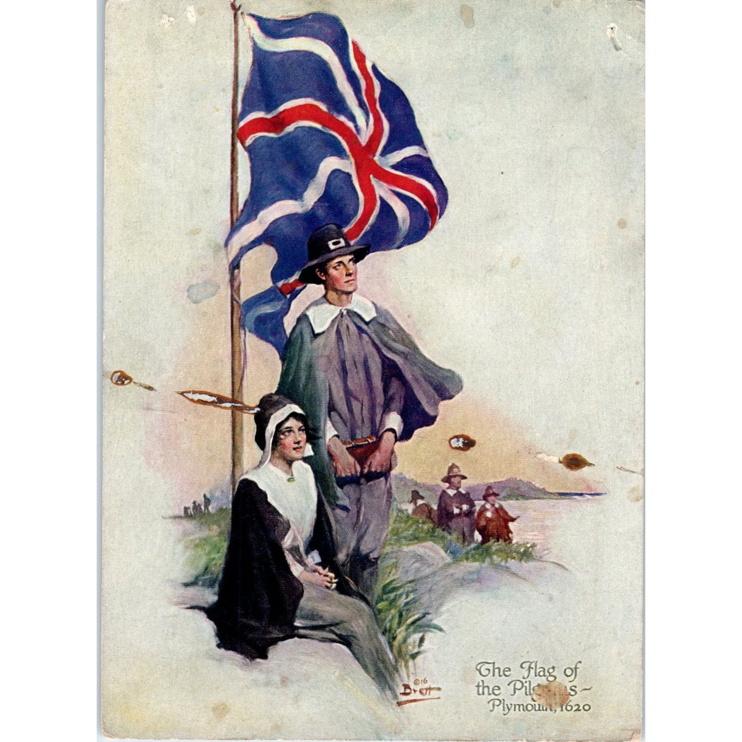 The Flag of Pilgrims Plymouth 1916 Brett Lithograph 3.75x5" P2-1