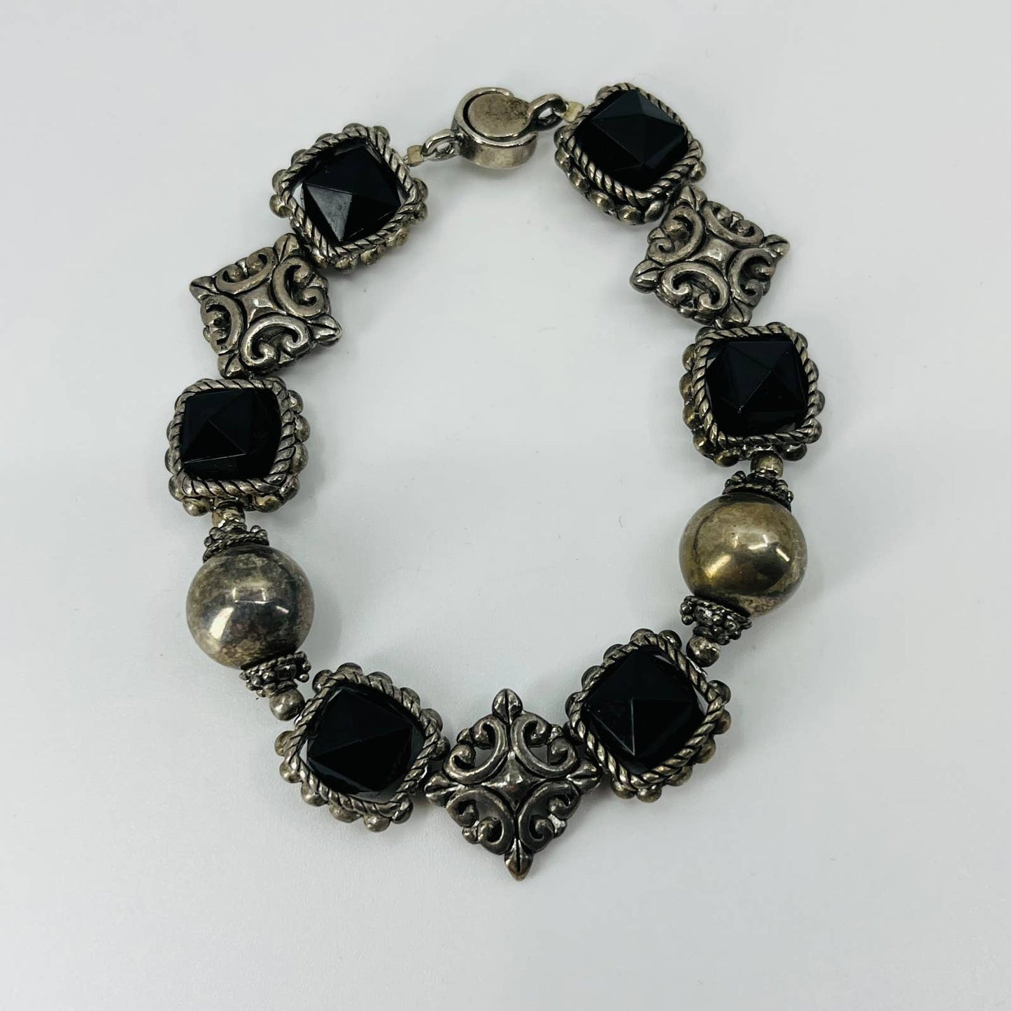 Vintage Boho Bracelet Metal With Black Faceted Acrylic Beads SB2