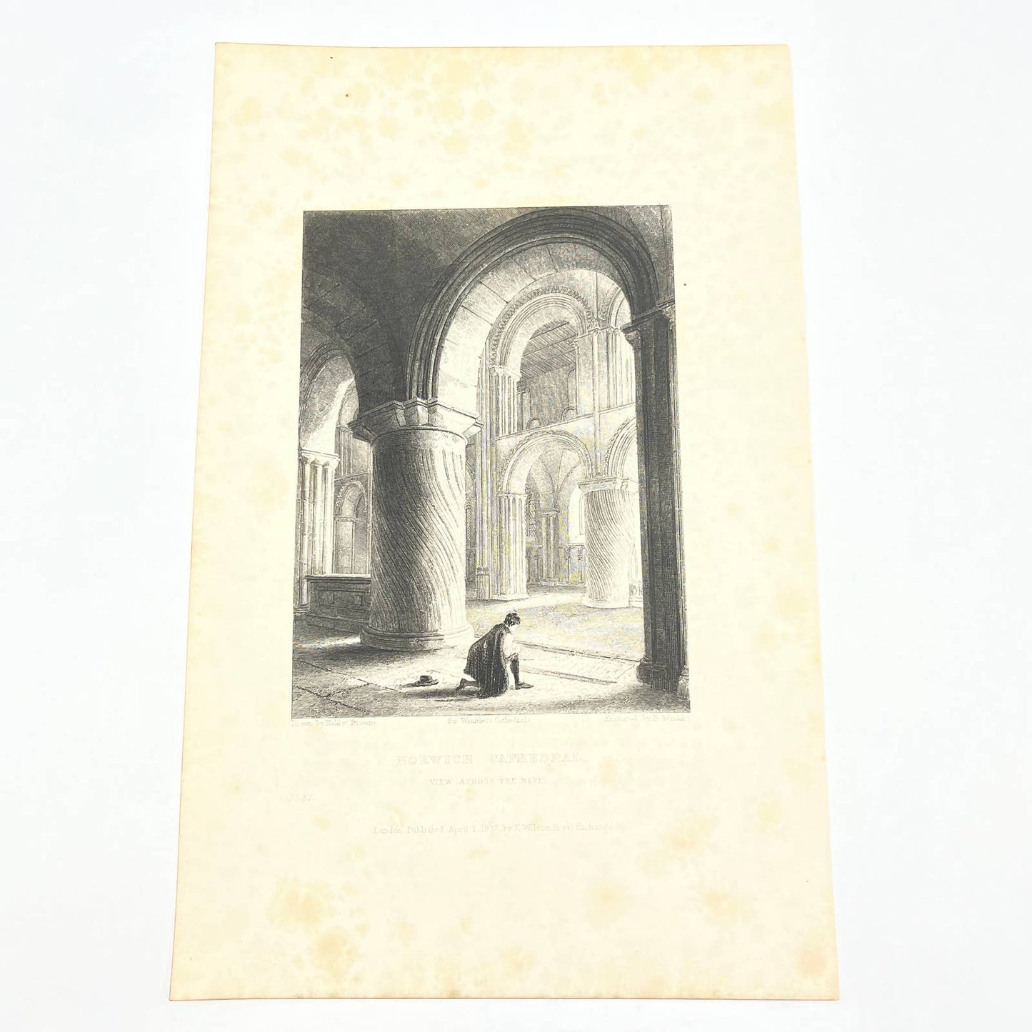 1836 Original Art Engraving Norwich Cathedral View Across the Nave AC4