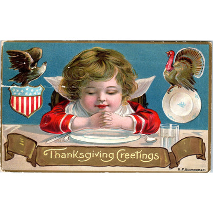 Thanksgiving Embossed Child at Dinner Table H.P. Saunderson Postcard P1-14