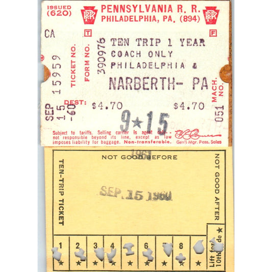 1960 Pennsylvania Railroad Ten Trip 1 Year Ticket Philadelphia Narberth AK3-M41