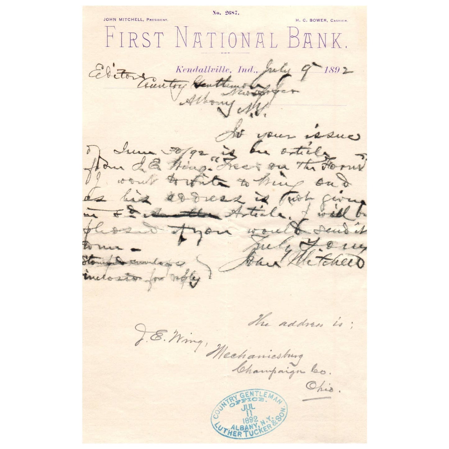 1892 First National Bank Kendallville IN Letterhead John Mitchell HC Bower AD8