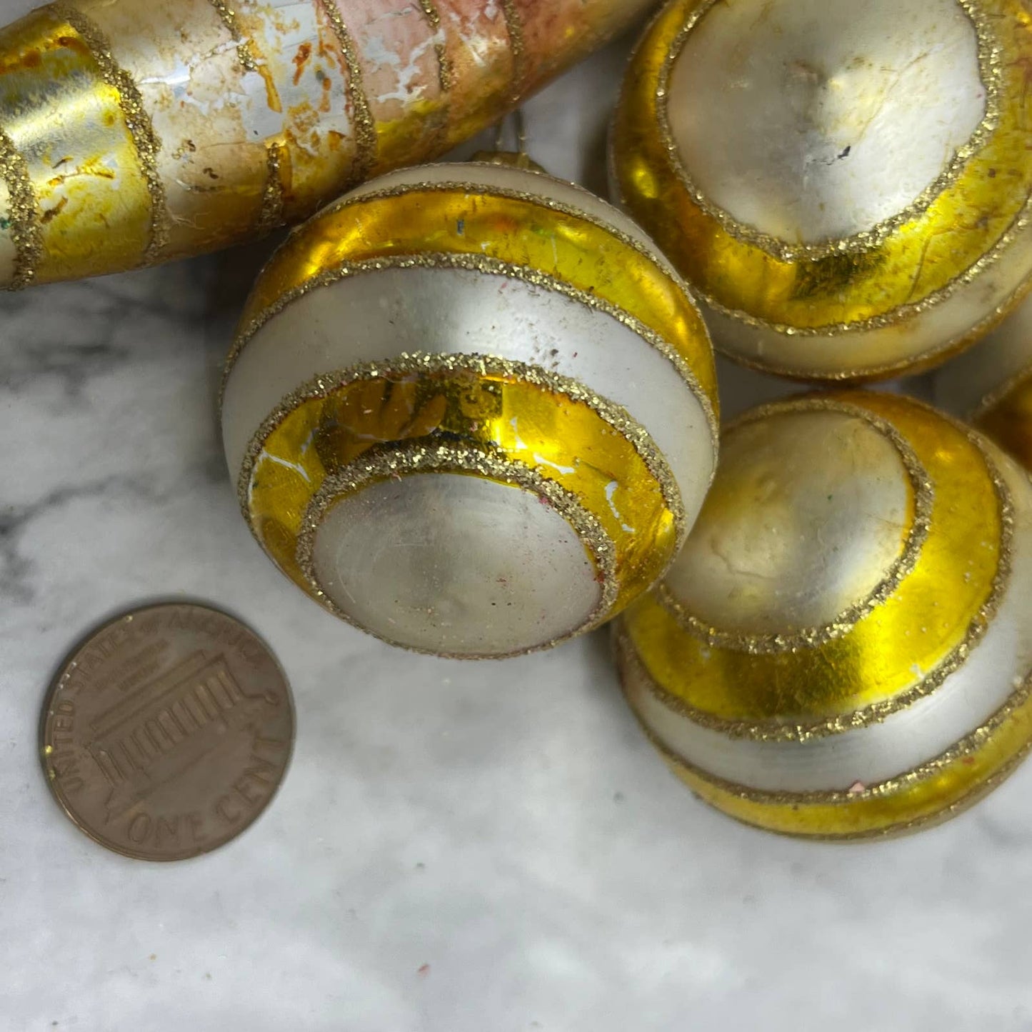 Vintage Lot of 11 Small Mercury Glass Ornaments White Gold Mica OT1