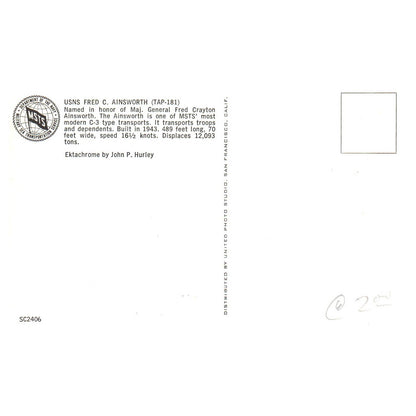 USNS Fred C. Ainsworth TAP-181 - Original Postcard TJ8-5