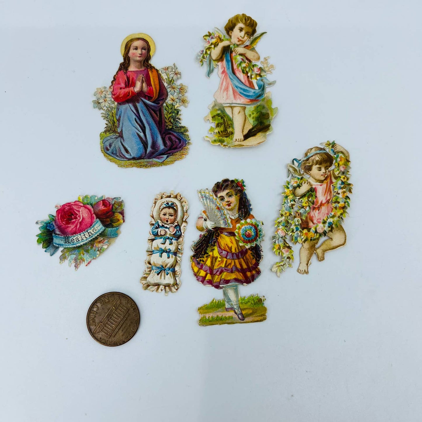 1880s Victorian Die Cut Scrap Lot 6 Children Floral Baby Infant Girls 1-2” EA2