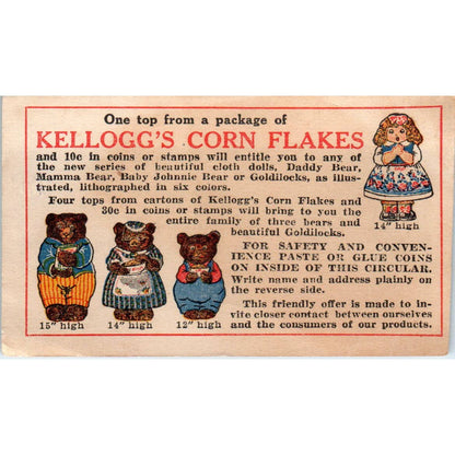 Kelloggs Corn Flakes Goldilocks and the Three Bears Cloth Doll Order Card TK2-CC