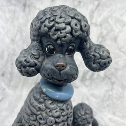 1960s ATLANTIC MOLD Ceramic Gray POODLE Statue Brown Eyes Blue Collar 10.5" TI8