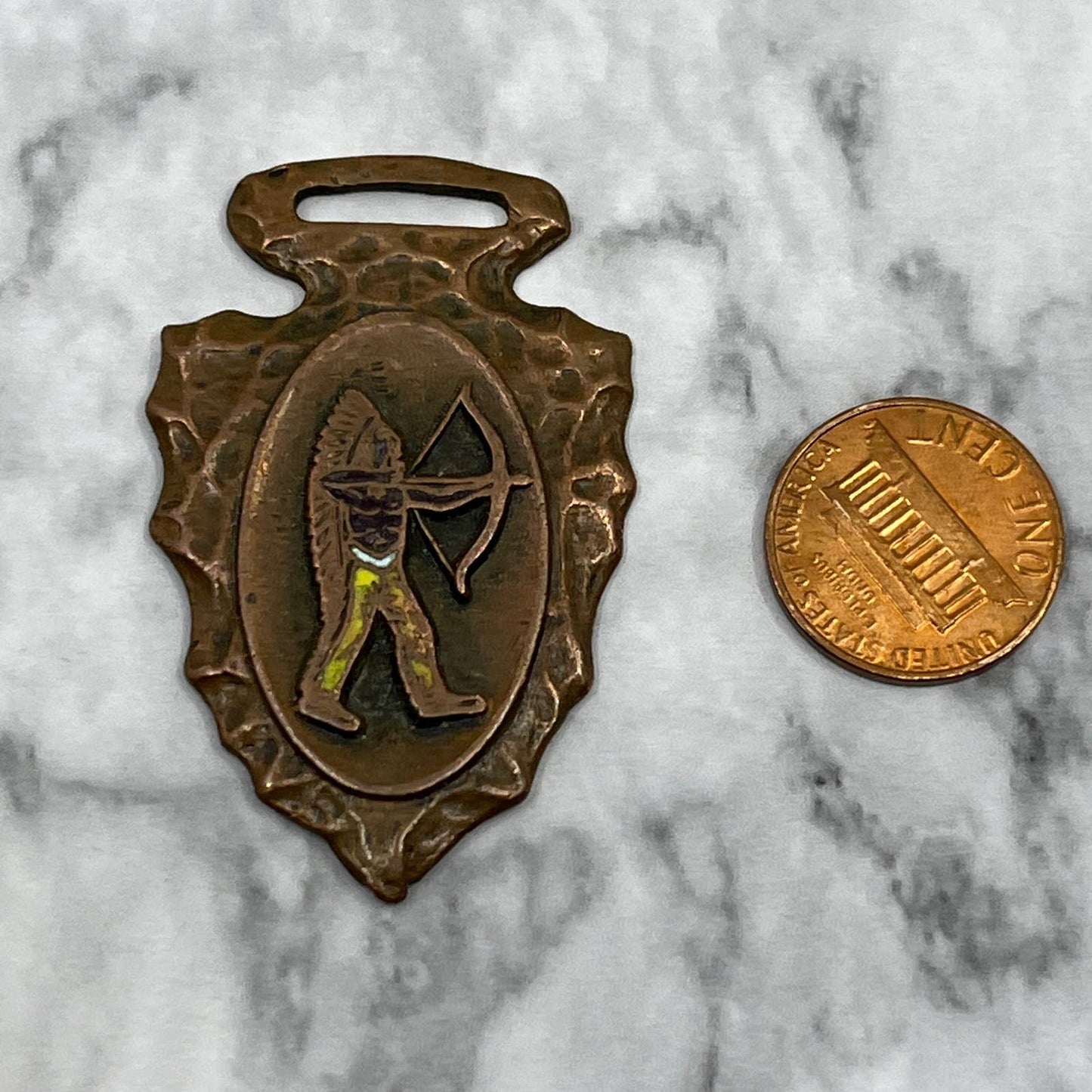 Vintage Copper Indian Chief w/ Bow Arrowhead Watch Fob Arrow Shape SA2