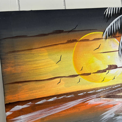 Original Canvas Art Painting Beach Sunset Scene Signed Angel '10 Size 30x11.5"