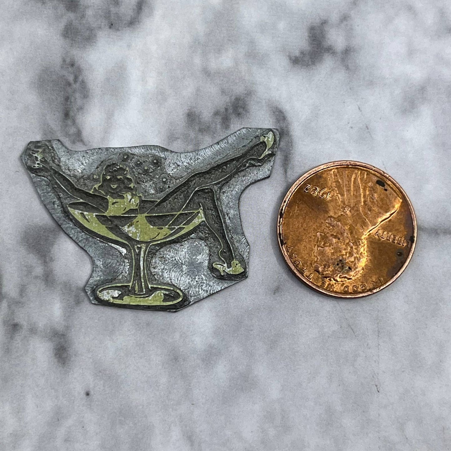 Vintage Letterpress Printers Block Plate Girl in Cocktail Martini Glass SE823