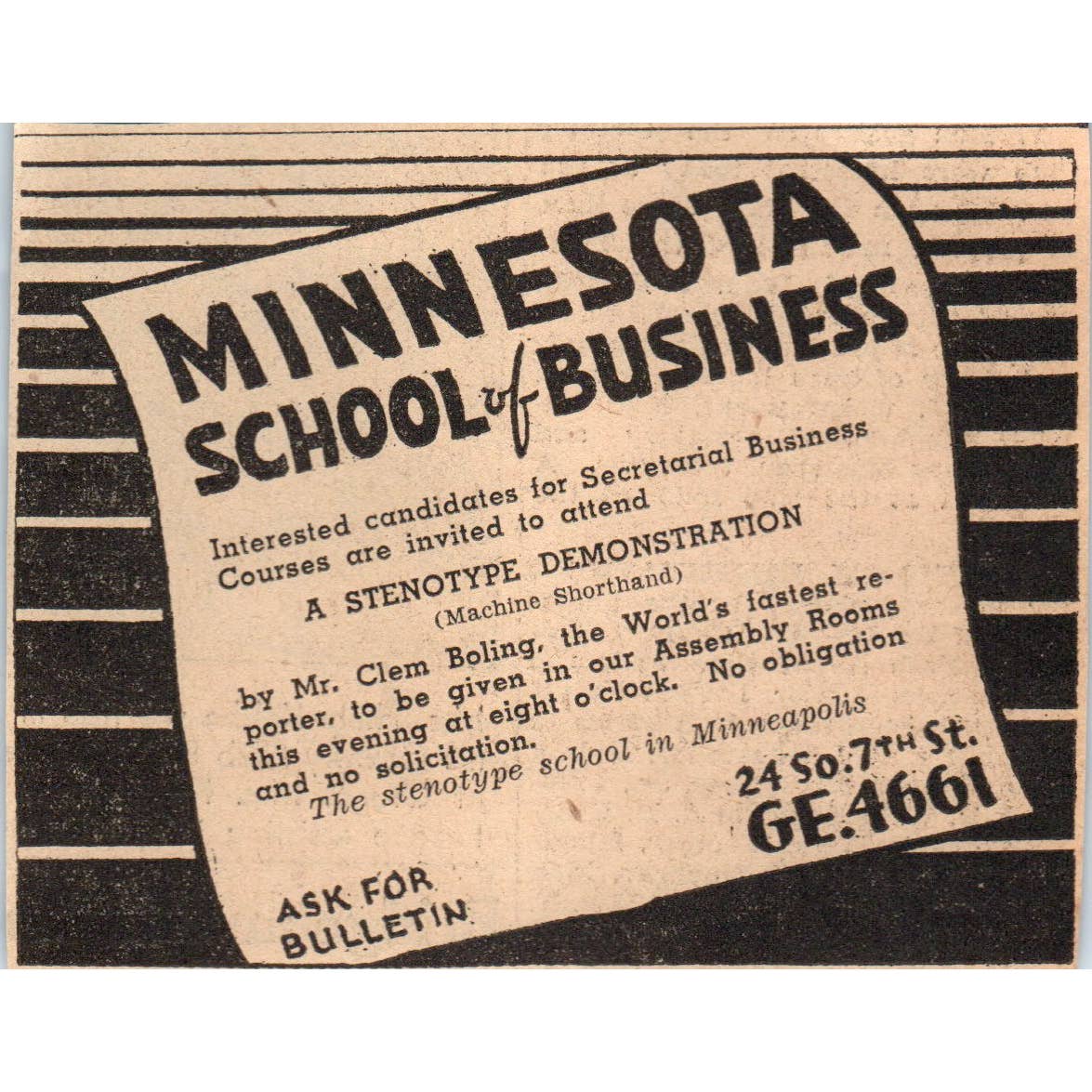 1935 Mpls Newspaper Ad Minnesota School of Business Stenotype Demo FL5-6