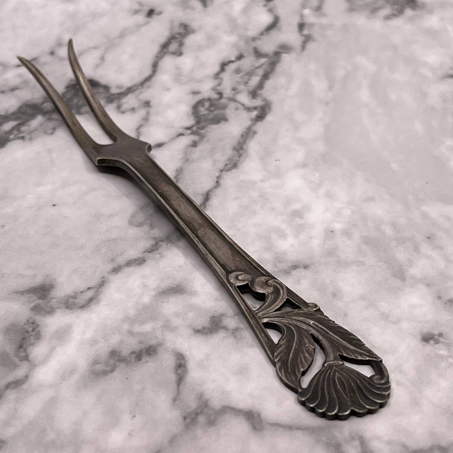 Antique Drip Silver Plate 2 Prong Pickle Serving Cocktail Fork Denmark 6” SA2