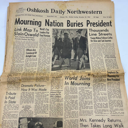 1963 Nov 25 OSHKOSH DAILY NORTHWESTERN Newspaper JFK Assassination TI6-10