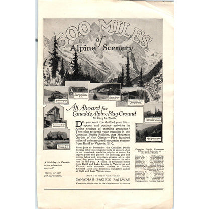 Canadian Pacific Railway Alpine Scenery Travel - 1921 Original Ad TJ7-L