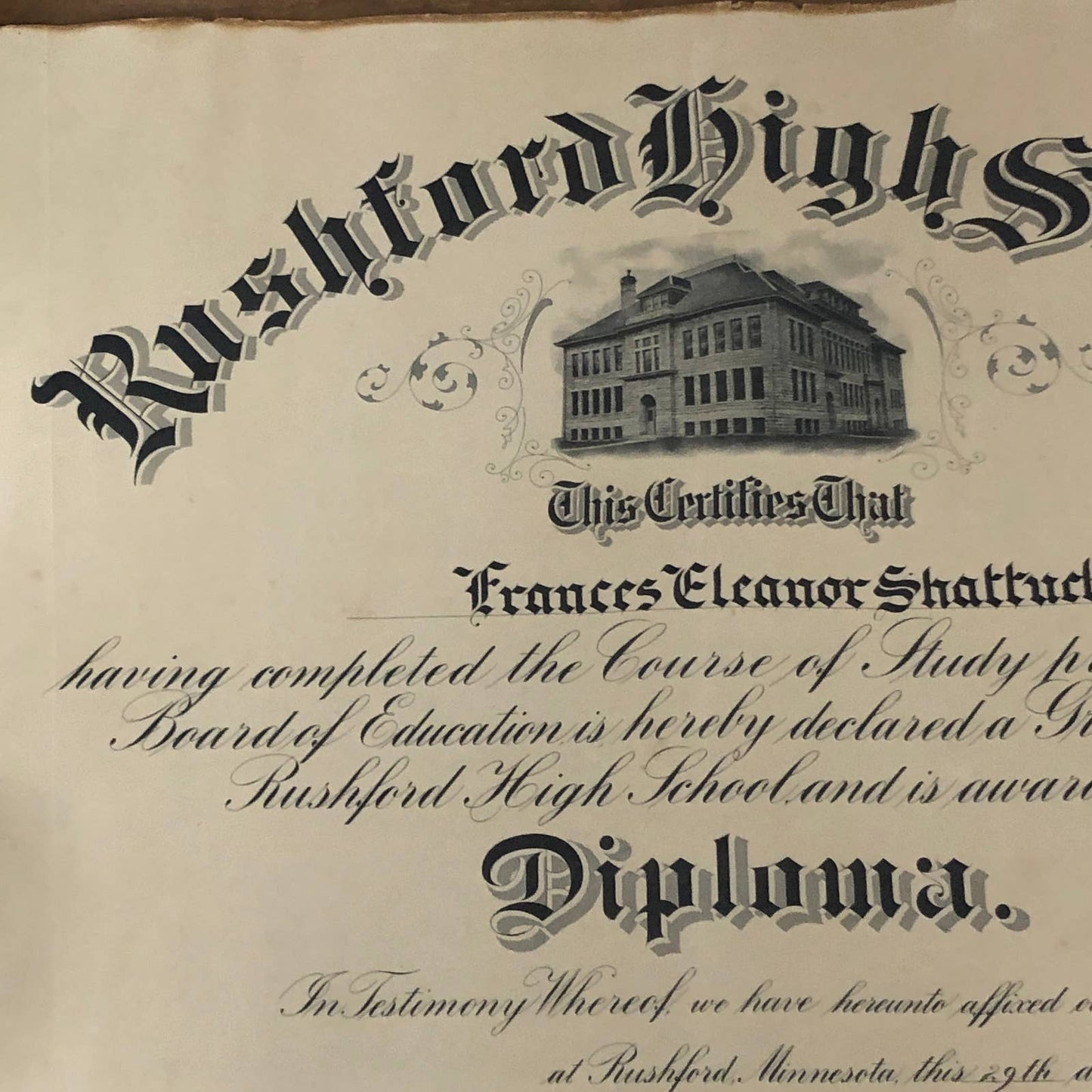 1924 Rushford High School Diploma Francis Eleanor Shattuck Austin Minnesota RU1